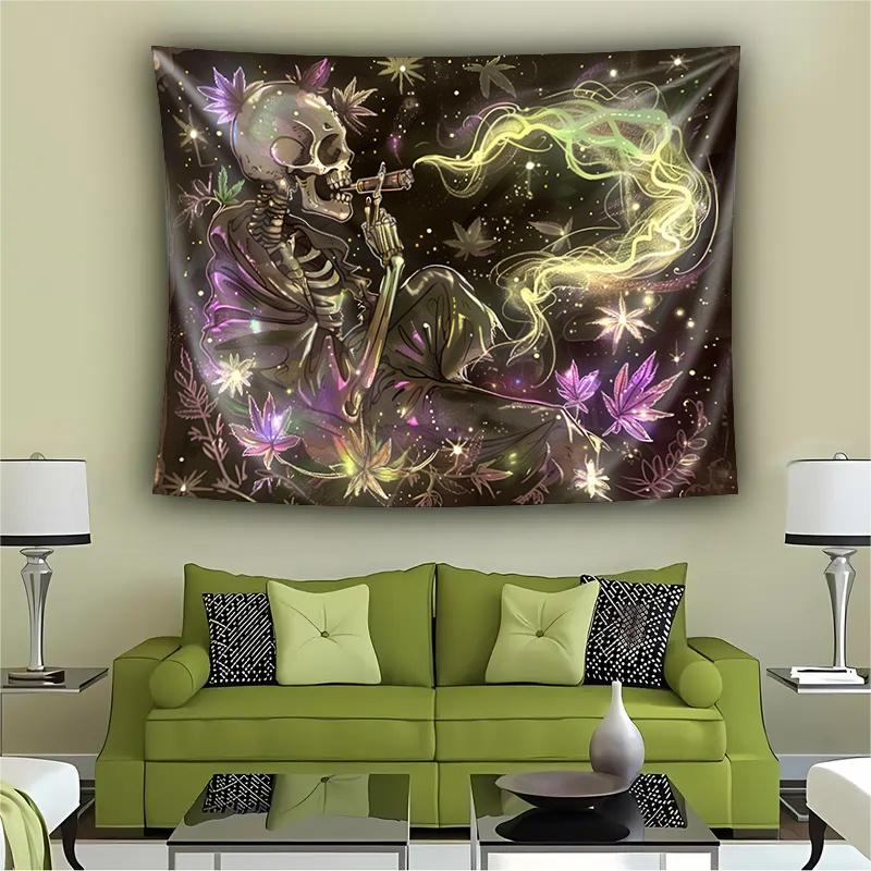 UV Black Light Reactive Wall Hanging Tapestry, Smoking Skull with Plant Leaves Smoke Design, Polyester Decorative Art, Knit Fabric, 85 gsm, for Dorm and Bedroom Decor, No Electricity Needed