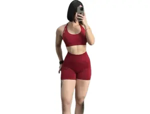 DFyne Impact Halter Neck Women's Workout Set - High-Waisted Peach Hip Shorts with High Stretch Tummy Control & Butt Lifting Quick-Dry for Yoga Gym & Fitness