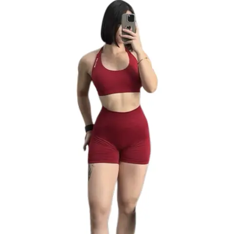 Women's DFyne Impact Halter Neck 2-Piece Activewear Set - High-Waisted Peach Hip Above-Knee Shorts, High-Stretch Tummy Control, Butt Lifting, Quick-Dry Gym Sets & Workout Apparel for Women's Athleisure Use, 2 Piece Sets Women