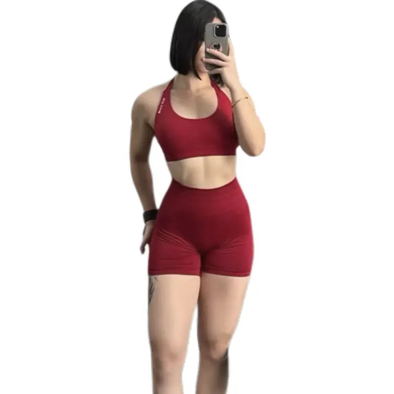 Women's DFyne Impact Halter Neck 2-Piece Activewear Set - High-Waisted Peach Hip Above-Knee Shorts, High-Stretch Tummy Control, Butt Lifting, Quick-Dry Gym Sets & Workout Apparel for Women's Athleisure Use, 2 Piece Sets Women
