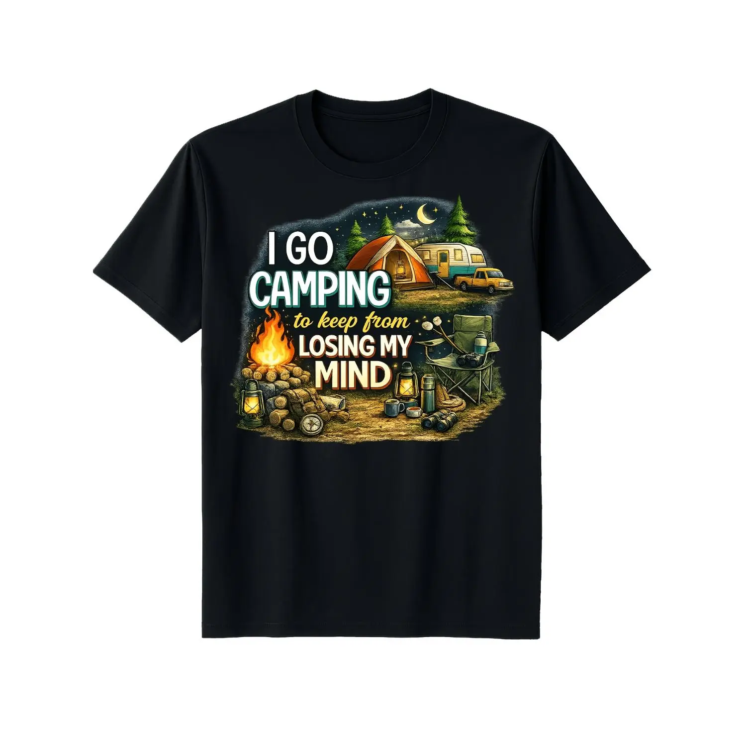 Camping Theme Cotton T-Shirt for Men and Women Featuring Fun Slogan Camping Is for Burning Madness Soft Comfortable Breathable Top with Campervan Pattern Lightweight Black T-Shirt Ideal for Road Trips and Outdoor Adventures Sizes S to XXXL