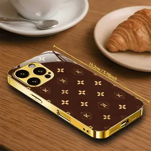 Phone Case: Brown Golden Letter Texture Vintage Electroplated Tempered Glass Case, New High-End Glossy Finish, Drop-Proof Golden Original Edition Phone Protective Cover for Men and Women, Suitable for iPhone 17/17 Air/17 Pro/17 Pro Max/16/16 Pro/16