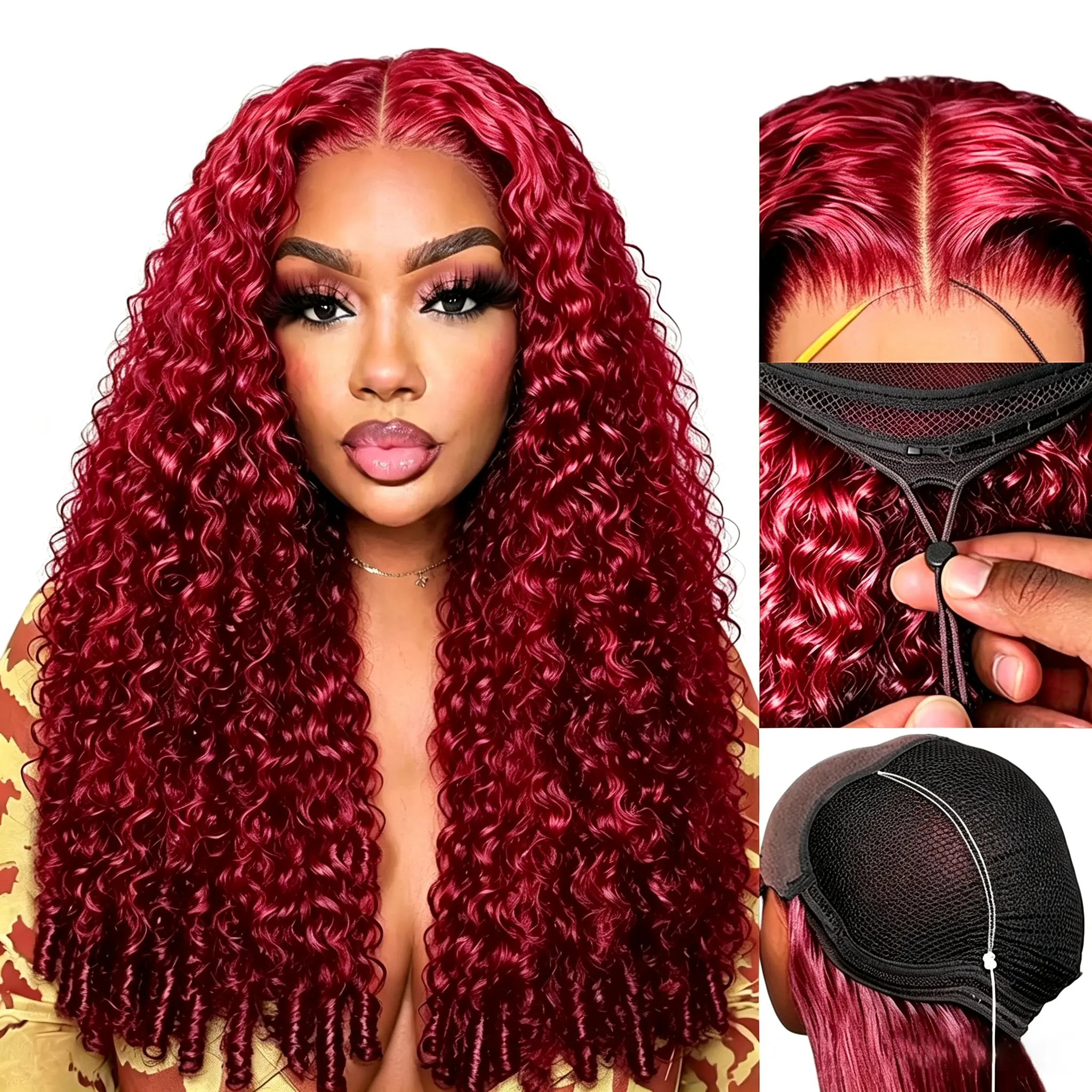 Glueless Wigs 13x6 Hd Lace Closure Human Hair Burmese Curly Pre Plucked Pre Cut Transparent Lace Burgundy Red 99J Wear and Go Glueless Curly Wig Human Hair for Black Women with Drastring