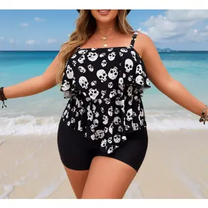 Plus Size Skull Print Tiered Separated Swimsuit Black plus size separated swimsuit with a double-layer ruffled tankini top featuring white skull prints, paired with solid black swim shorts  Summer Vibes