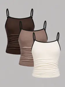 Three pure colors: dark brown, light brown, and beige, basic layered camisole set for girls, featuring an adjustable thin shoulder strap, pleated and slim-fitting camisole vest, made of soft and elastic fabric, suitable for daily wear