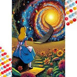 5D DIY Full Diamond Round Diamond Painting - Diamond Art Painting Kit Alice, Ladder, Starry Sky Mosaic, Canvas - DIY Decorative Painting, Home Wall Decor, Suitable for Halloween, Christmas, Birthday, and Anniversary Gifts