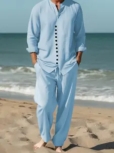 Long Sleeve Men's casual fashion light blue stand-collar button-up shirt and pants set, made with high-quality fabric and exquisite craftsmanship, offering a mature, casual, and refined look. Plain Suits Elegant Clothes Menswear Minimalist Stylish Top