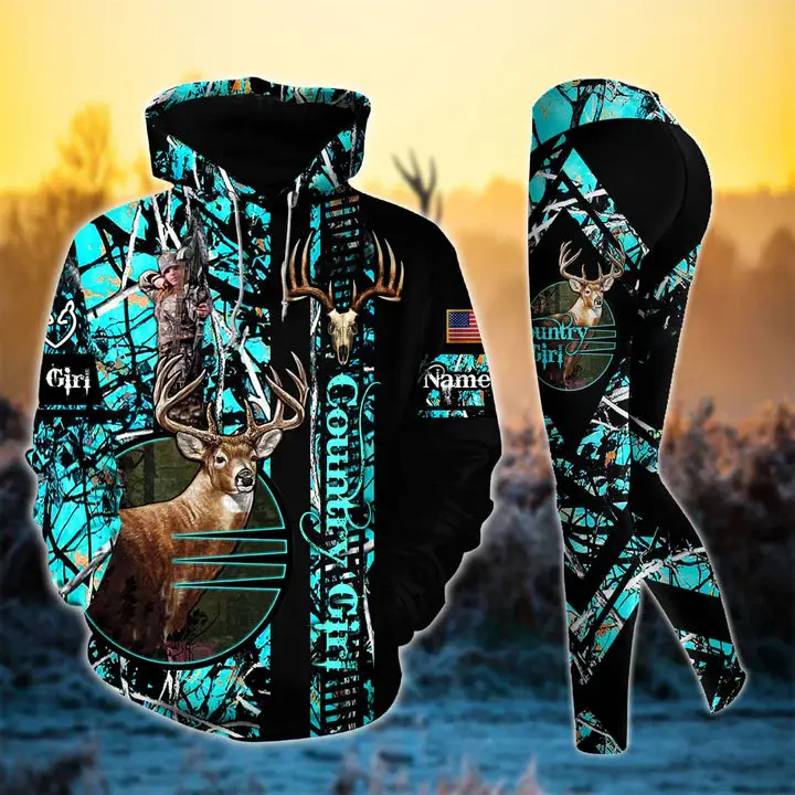 Premium Deer Hunting Skull Pattern Country Girl Personalized 3D Style 8 Combo Hoodie and Leggings Set – Custom Hunting Outfit for Women