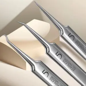 3-Piece Stainless Steel Blackhead Tweezers Kit - Hypoallergenic Acne Extractor & Pimple Popper Tool for Whiteheads Ingrown Hairs Precision Design Clear Daily