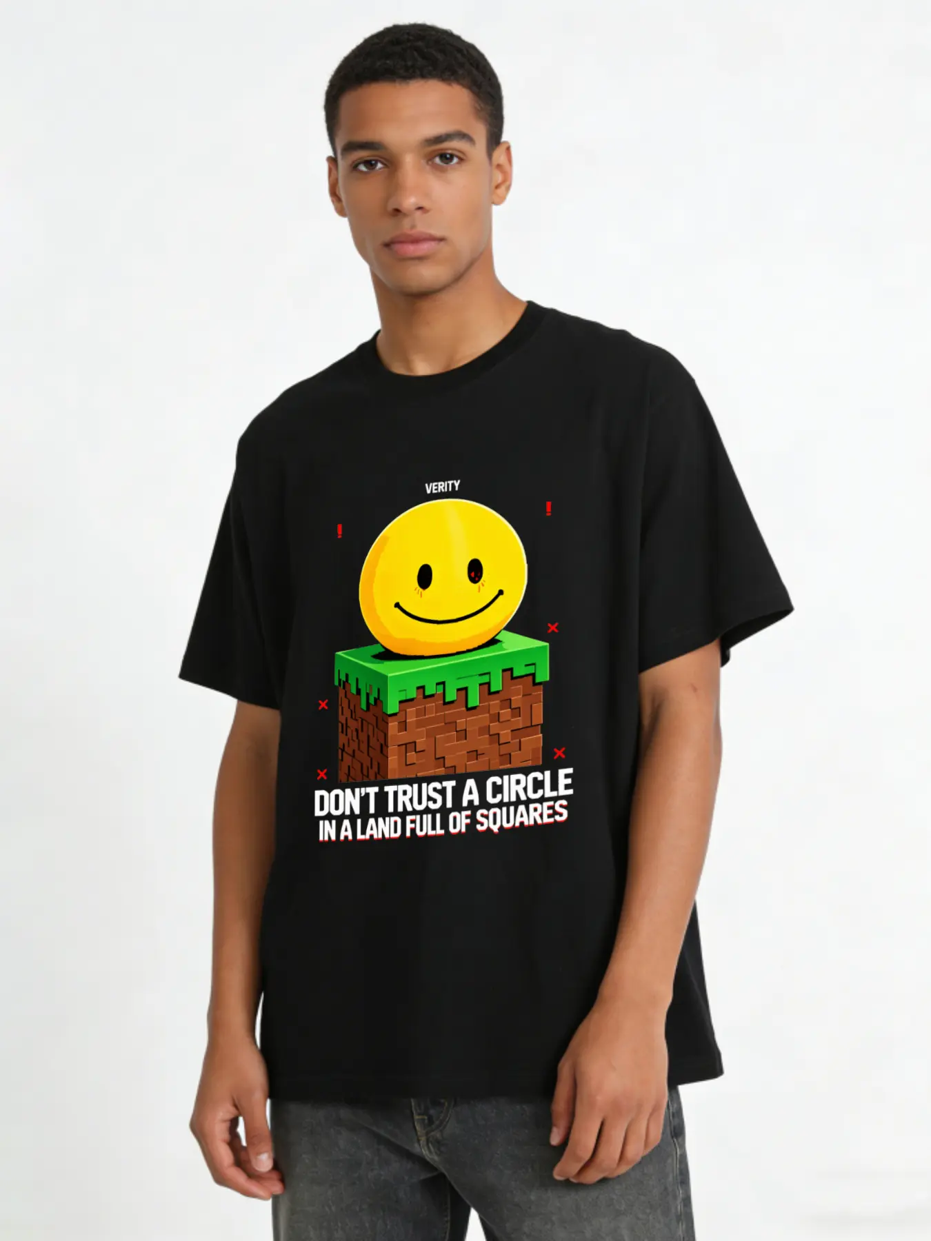 Retro Pixel Verity Yellow Smiley Face Graphic Tshirt, Dark Humor Game Meme Don’t Trust A Circle Statement Tee For Men Women