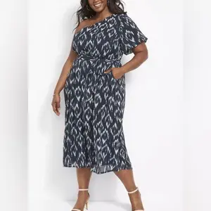 LANE BRYANT One-Shoulder Blue Flutter Sleeve Ikat Print Midi Dress Sz 28 NWT Seersucker Fabric with Belt & Pockets