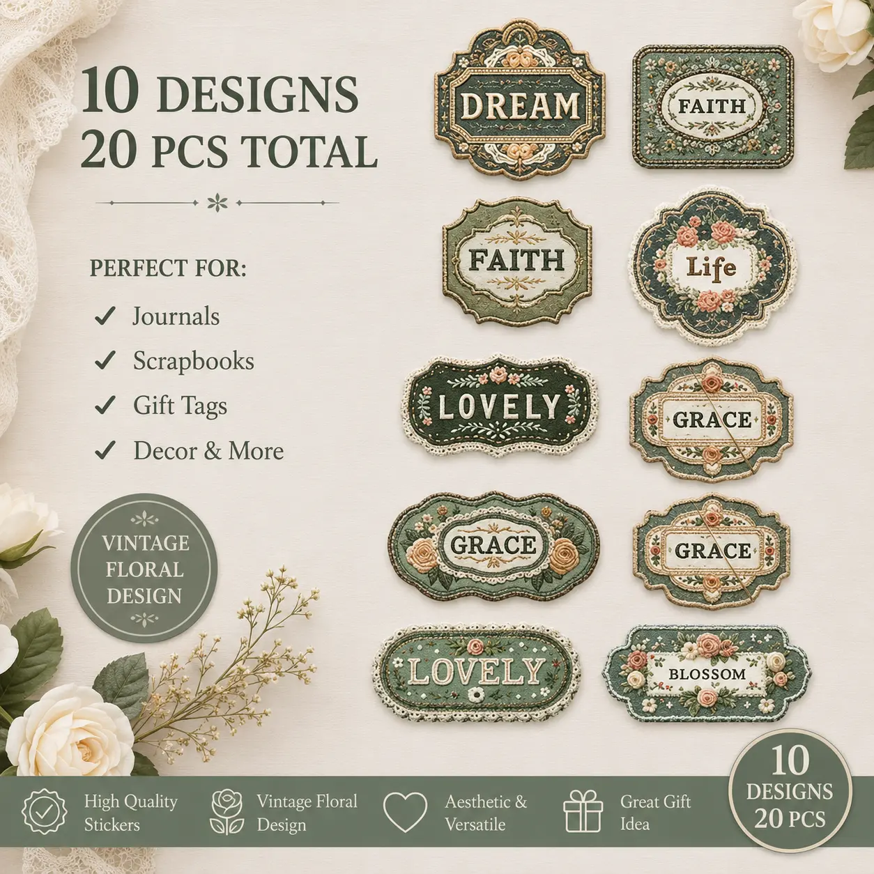 Vintage Floral Label Stickers | Cottagecore Junk Journal Ephemera | Scrapbook Stickers - 20 PCS