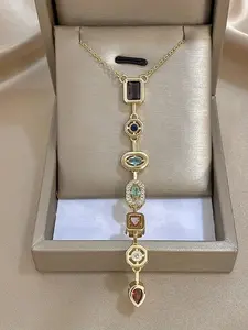 French Vintage Geometric Colorful Zircon Tassel Pendant Stainless Steel Charms Necklace, Elegant Party Jewelry for Women, Versatile Style