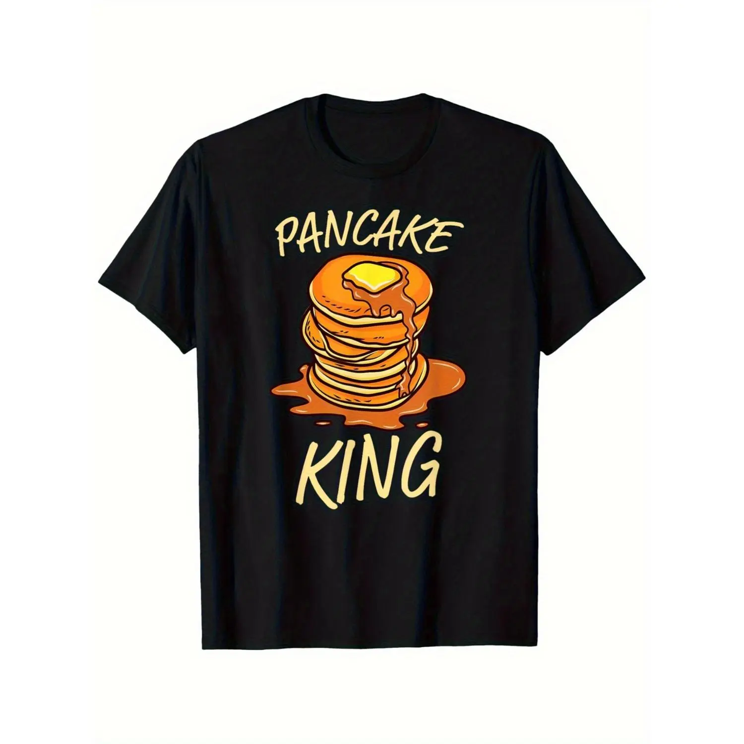 Pancake King Print T-Shirt, Unisex Casual Short-sleeve Round-neck Top, Featuring a Cute Kawaii Pancake Stack Design, Comfortable for All Seasons and Machine Washable, Easy-care Style with a Classic Fit