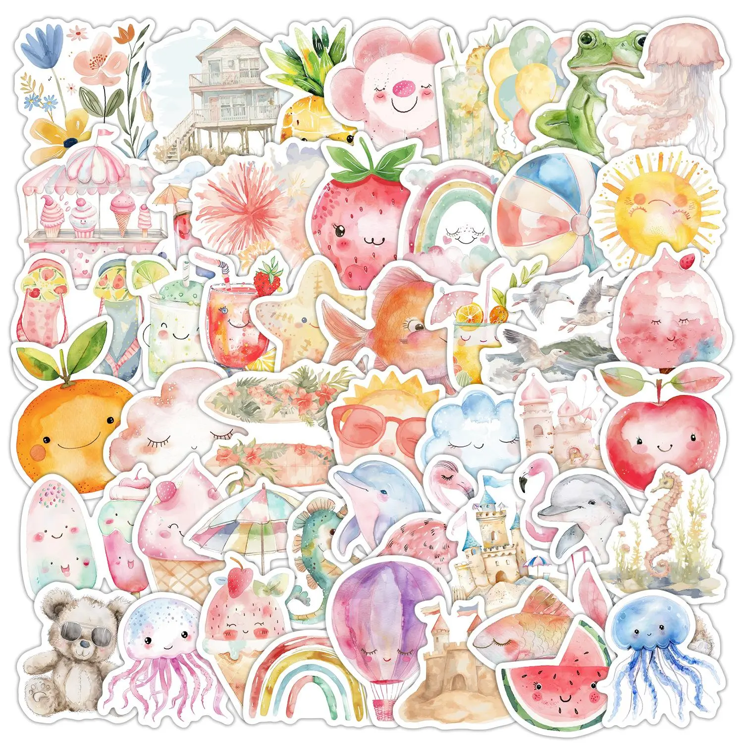Watercolor Summer Series Sticker, Cute Watercolor Fun Stickers, Funny Stickers, Decorative Sticker for Scrapbook, Diary, Notebook, Water Bottle, Car