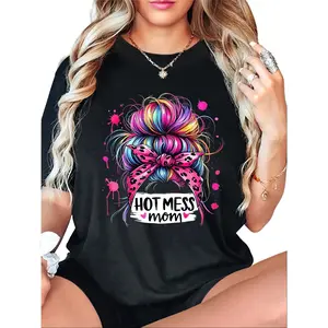 Women's Vibrant Rainbow Ponytail Graphic T-Shirt - Lady's Top, Hot Mess Mom Design, Soft Stretch Fabric, Fitted Round Neck Short-Sleeve, Casual Streetwear for Spring & Summer, Party-Ready Print, Women's Clothes, Clothes