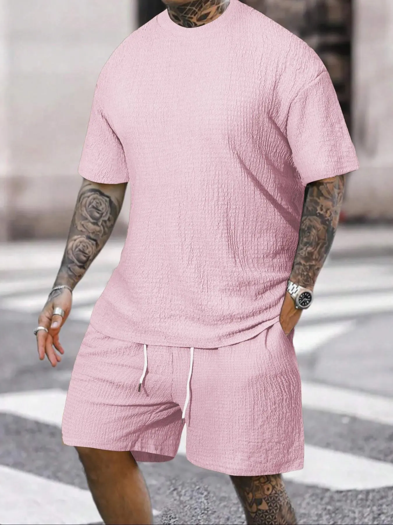 Men's Solid Short Sleeve Tee & Shorts Pyjama Two-piece Set, Casual Comfy Round Neck T-shirt & Shorts Set, Men's Sleepwear & Loungewear Pajamas, Shorts Lounge Outfit for All Seasons