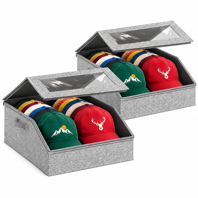 Large Capacity Hat Storage Box for Baseball Caps, Holds Up to 24 Hats, Double Row Hat Organizer with Clear Window & Handle, Dustproof Cap Storage Solution for Closet, Wardrobe, Bedroom and Home Organization