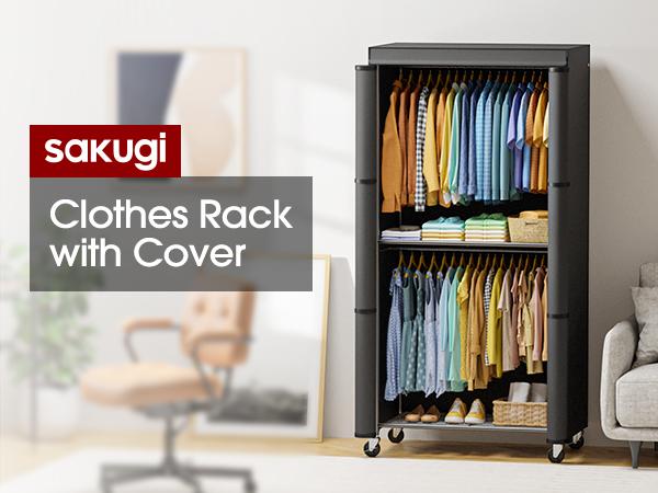 Black Iron Frame Wardrobe Rack with Cover - 35.4"x17.7"x79.7", Heavy Duty, Rust-Resistant, Open Front, Lockable Wheels, Bedroom Use, Home Organizer Storage Closet