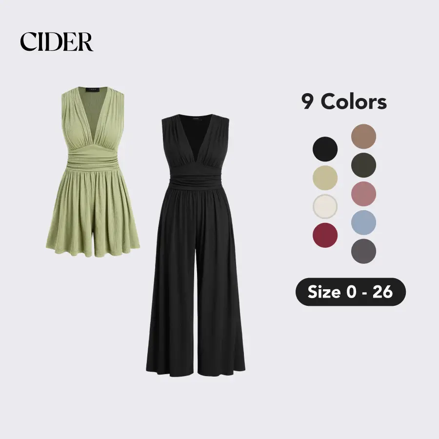 Cider Women's V-neck Ruched Solid Wide Leg Romper with Pocket, Stretchy Spring Jumpsuit, Springtime Casual Outfits, Lady Comfortable Stretchy Short Ju