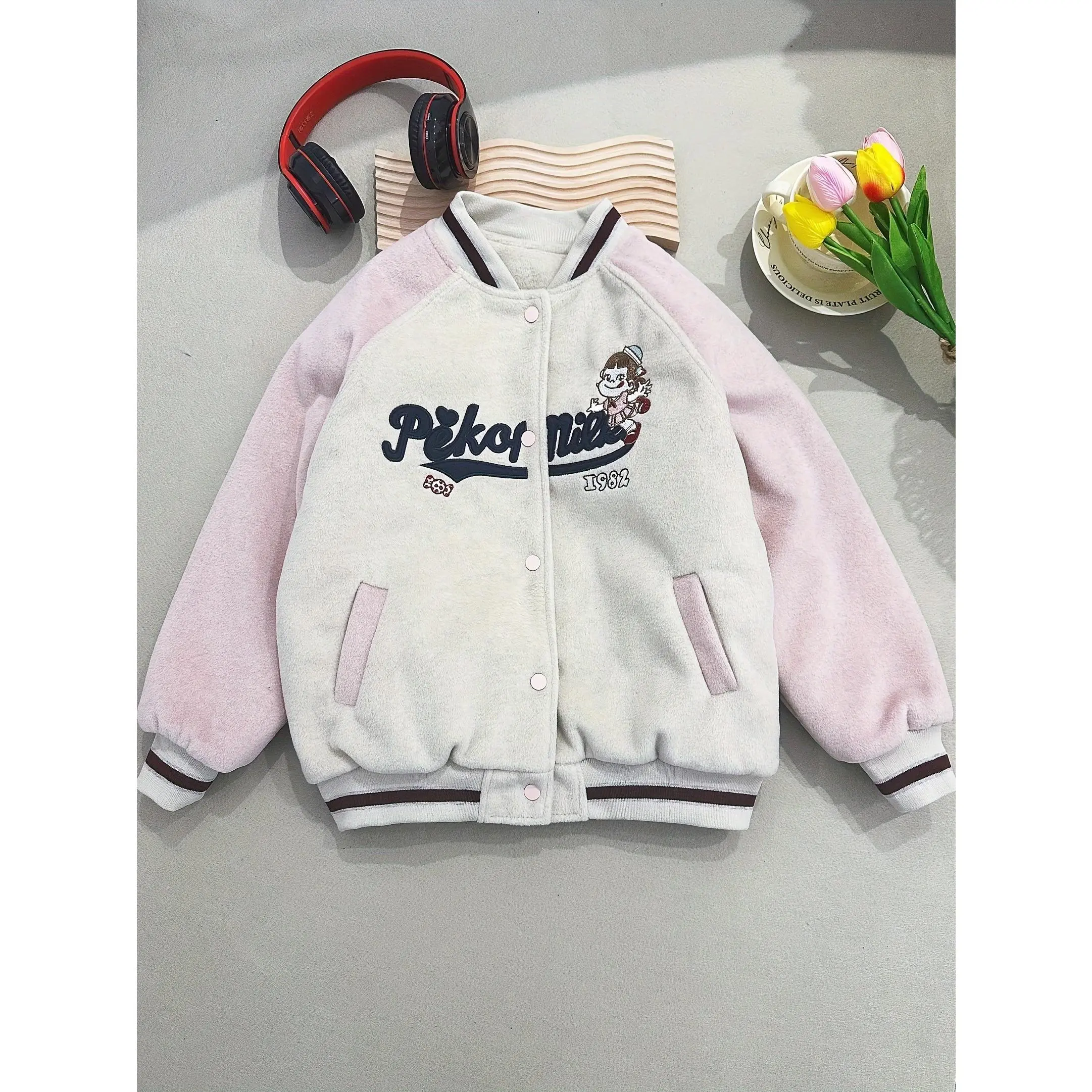 Pekor Mills 1982 Embroidered Fleece-Lined Baseball Jacket for Teens - Blend, Polyester Lining, Slight Stretch, Knit Fabric, Sports Style, Regular Fit - Fall/Winter Collection