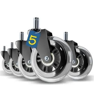 Office Chair Wheels Replacement 3" Rubber Casters 7/16" Stem Universal Fit for Most Rolling Gaming Chairs Floor Protection for Carpet Hardwood Tile Smooth Quiet Rolling Set of 5 Transparent