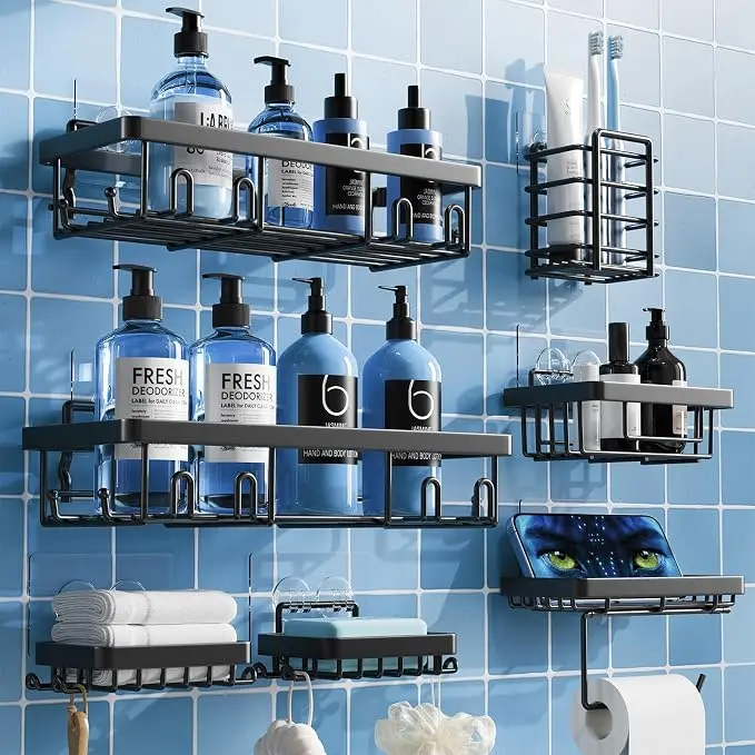 7-Piece Bathroom Shower Organizer Set – Adhesive No-Drill Stainless Steel Shower Caddies, Black