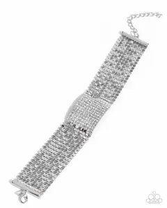 Disco Dame - White Rhinestone Silver Flat Bracelet - Paparazzi - Life of the Party  August 2024