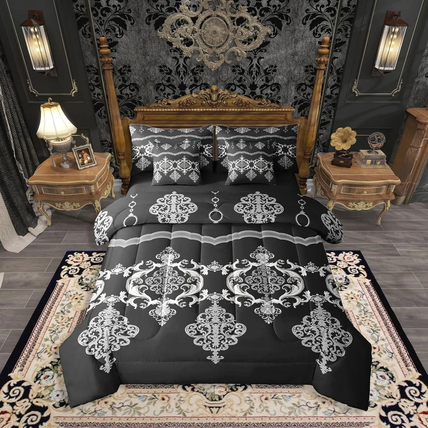 Feelyou 7-Piece Ultra Soft Microfiber Bedspread Set - White & Black Gothic Damask Baroque Paisley Victorian Design, Machine Washable, Multi-Size for Adults, Bedding Sets Collections, Gothic Bedding