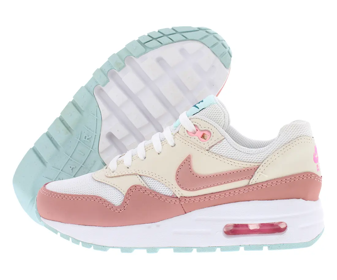 Nike Air Max 1 GS Kids' Classic Sports Sneaker - Round Toe, Laces-Up, Comfortable Fit Casual Shoes for Girls, White/Cream/Pink, Casual Sport, Cushioned