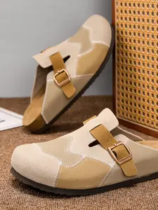 Unisex Soft Cork Heel Classy Sandals, Handmade Patchwork Design, Adjustable Buckle, Genuine Leather Fashion Slippers, All Seasons Comfortable Wear
