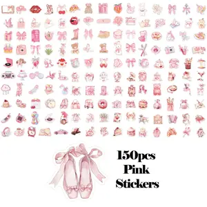 Pink Aesthetic Decorative Sticker, 150pcs/set Cute Pink Themed Sticker, DIY Decorative Sticker for Scrapbooking & Journal Making, High Adhesive Stickers