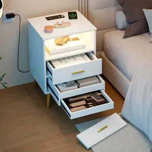 LVSOMT Nightstand with Hidden Drawer, Bedroom LED Night Stand with Charging Station, Bedside Table with Metal Legs, Wood Sofa Couch End Side Table