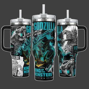 Godzilla King of the Monsters Kaiju Tumbler Cup, Blue Black Monster Full Wrap Stainless Steel Insulated Tumbler 20oz/40oz With Straw Lid Included, 40oz Handle Option