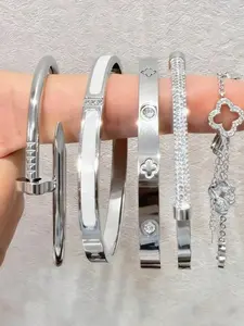 Women 5pc Silver Rhinestone Bracelet Jewelry Set - Jewellery