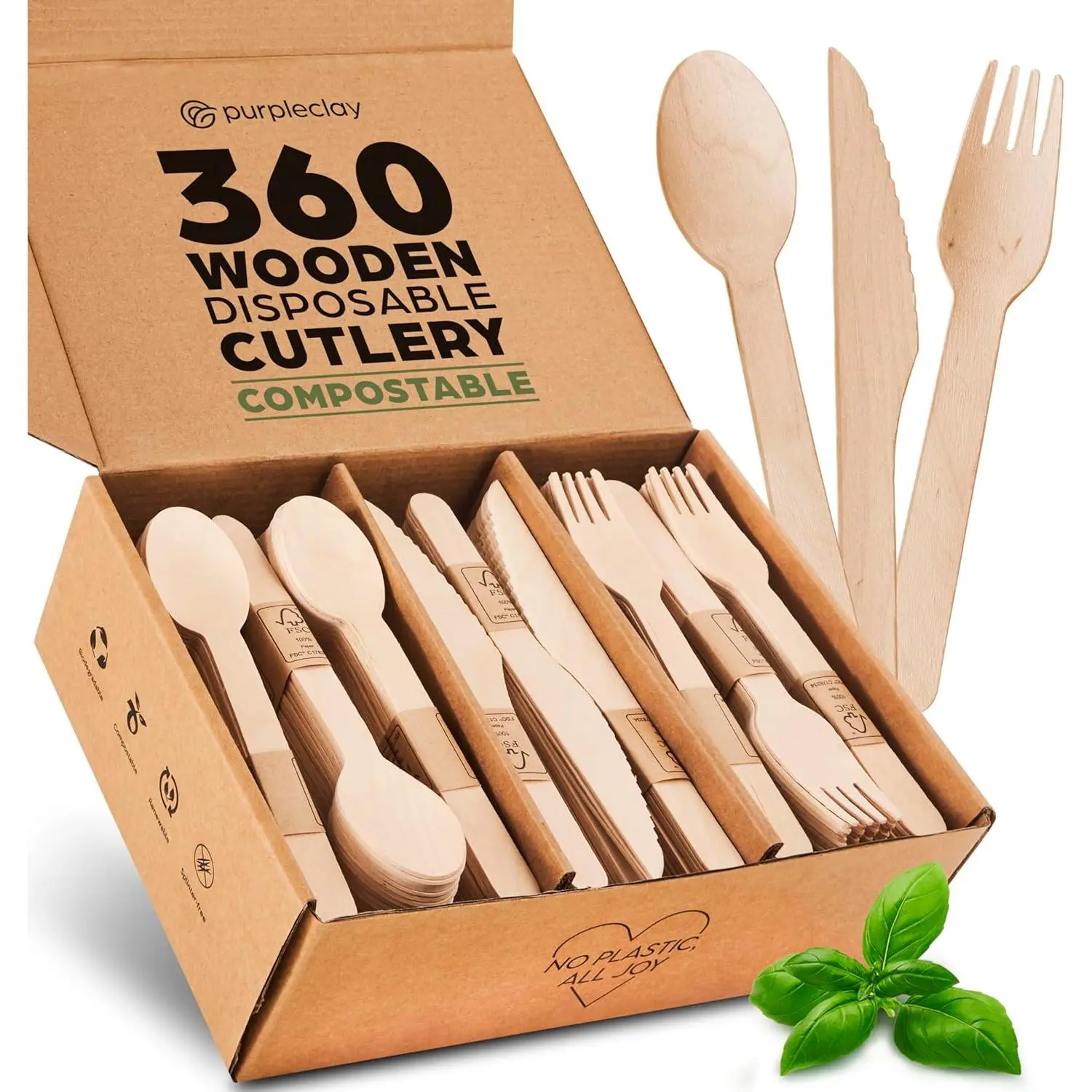 PURPLECLAY Wooden Disposable Utensils Set, 360 PCS Compostable Silverware (120 Forks, 120 Spoons, 120 Knives) Eco Friendly, Plastic-Free Cutlery for Parties & Catering, Alternative to Bamboo Utensils