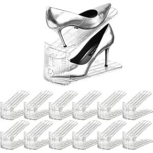 12Pack Clear Adjustable Shoe Slots Organizer 3 Level Shoe Stacker Rack Space Saving Storage for Pairs of Shoes