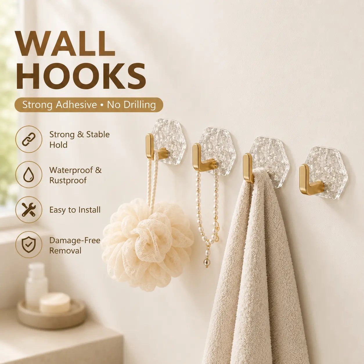 Heavy-Duty Plastic Self-Adhesive Hexagonal Ripple Hooks, 10/20-Pack Waterproof Rustproof Sticky Home Organizer Hooks for Bathroom, Kitchen, Keys, Towels, Coats (Easy-Install)