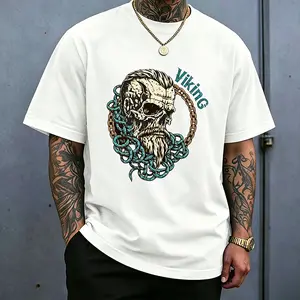 Men’s American-style trendy printed T-shirt, black/white short sleeves; holiday streetwear fashion styling; casual crew neck; suitable for everyday outdoor sports; 100% cotton.