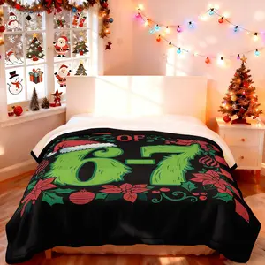 1 piece of Christmas fun theme blanket, Winter Blanket, green hair 67 hot stem Christmas hat poinsettia holly branches and leaves and Christmas ball element print soft comfortable Soft Warm Throw boys and girls sofa cover blanket blanket Christmas gift