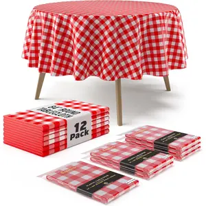 Picnic Table Cover - 12 Pack  Round Tablecloth - Red & White Checkered BBQ Plastic Table Cover - Gingham Checkerboard Disposable Plastic Tablecloth 84 inch. Round