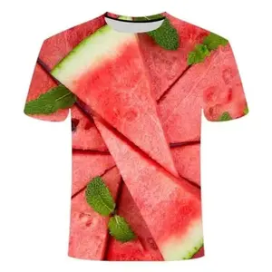 Menswear Unisex Loose Crew-Neck Short-Sleeve T-Shirt - Realistic 3D Digital Watermelon Print, Fun Fruit-Vegetable Design, Casual Versatile, Ideal for Vacation, Multiple Patterns Available