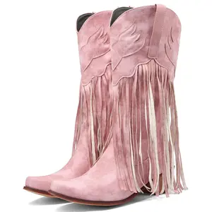 Women Fringe Cowboy Boots Square Toe Mid Calf Embroidered Western Boots Tassel Cowgirl Boots Stacked Heel Retro Boots