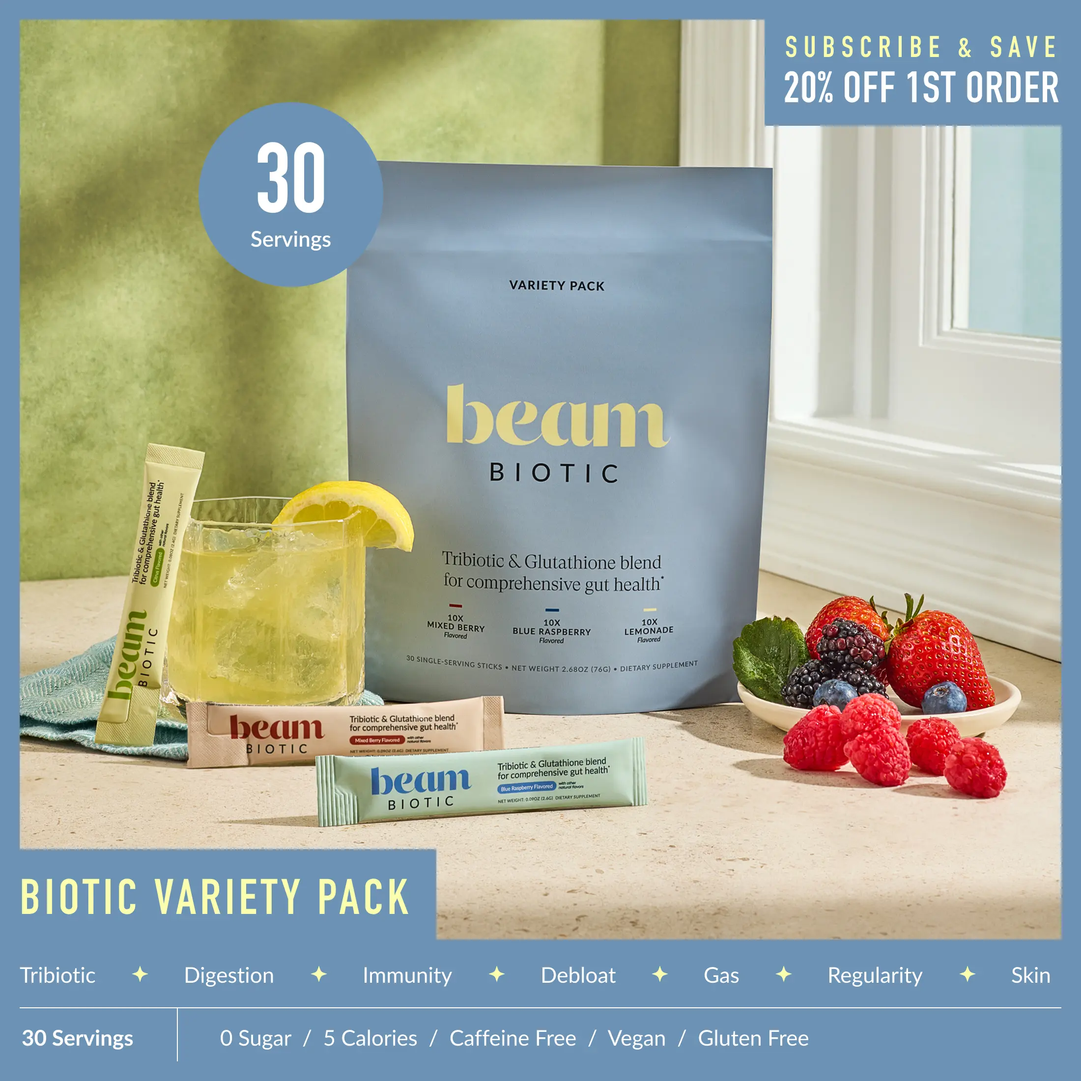 Beam Biotic Dietary Blend Variety Pack - 30 Caffeine-Free Single-Serve Sticks, Gut Support & Gut Balance with Prebiotics, Probiotics, Postbiotics (Blue Raspberry, Mixed Berry, Citrus Lemonade) [Stick-Pack Ease] | Summer Sale