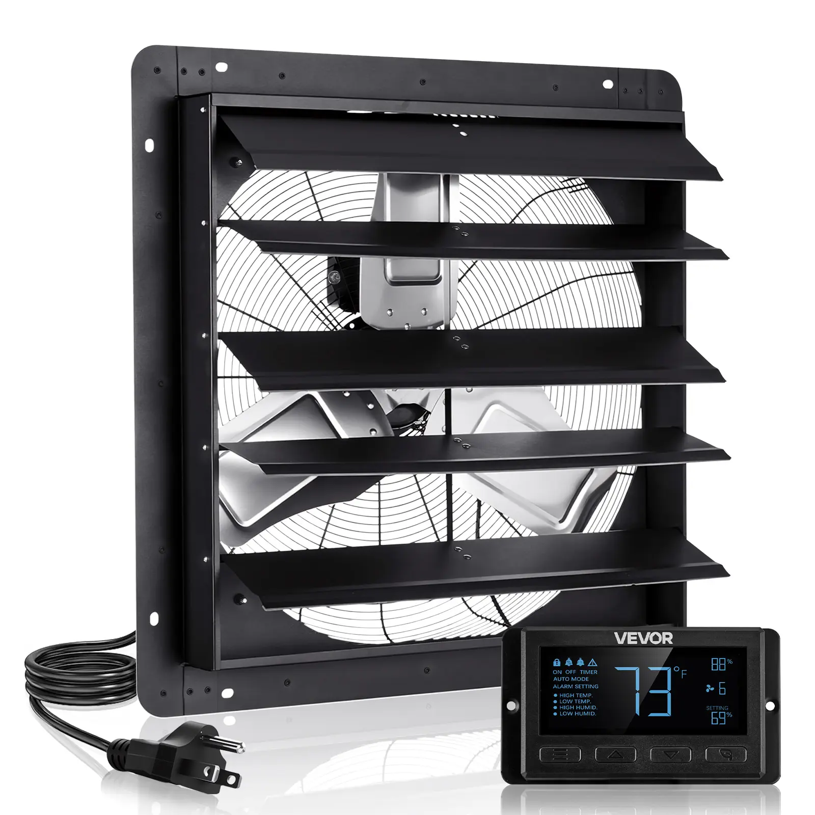 【SummerFinds】VEVOR 24-Inch All-Metal Shutter Exhaust Fan, Wall-Mounted Attic Vent Fan with Smart Programming, Variable Speed, Temperature Control, 2900CFM Flow, EC Motor, Timer, for Garage, Greenhouse Ventilation Cooling, Black, Shutter Fan