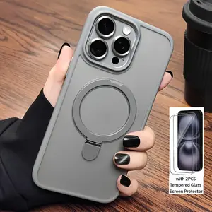 Magnetic Stand Phone Case for iPhone 17/16/15/14 Plus/13/12 Pro Max/11 with 2PCS Tempered Glass Screen Protector- Compatible with Magsafe Matte Metal Ring Stand with Hard Bumper Cover Shockproof Phone Cases for iPhone 17 Pro Max