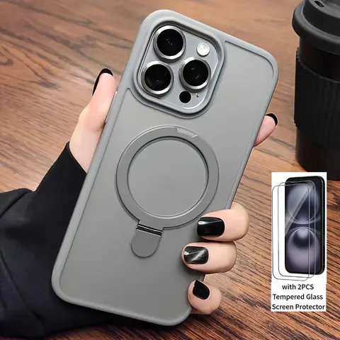 Magnetic Case for iPhone 18 Pro Max 17 Pro Max 16 15 14 13 12 11 Series, Flush Ring Kickstand MagSafe with 2PCS Tempered Glass Screen Protector Matte TPU Shockproof Cover,Phone Case for iPhone 18 Pro Max