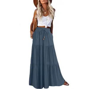 Women's Summer Boho Maxi Skirt A-Line Flowy Ruffle Tiered Elastic High Waist Beach Long Skirts with PocketsGift