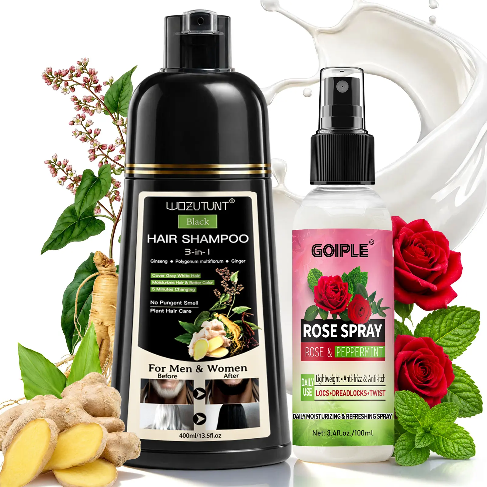 400ml Black Dye Shampoo Rose Water Spray – Covers Grays Naturally, Hydrates Scalp & Refreshes Locs. Herbal Formula for Dry, Damaged, Curly, Straight & Dreadlock Hair