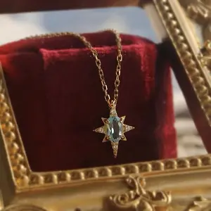 Starburst Necklace Blue Topaz & CZ Gemstones Dainty Celestial Jewelry for Women Eight-Pointed Star Blue Zircon Necklace Simple Fashionable Light Luxury Vintage Jewelry